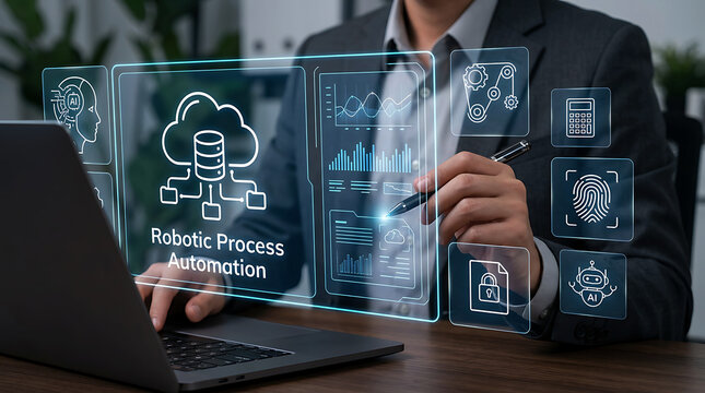 Man using laptop and tablet with robotic process automation rpa screen