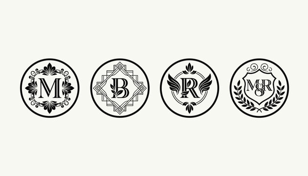 Elegant monogram logos collection featuring classic calligraphic letters within black circular frames on a beige background.