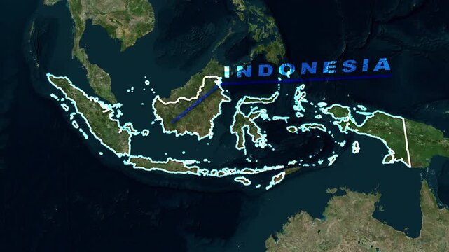 Map highlights Indonesia's archipelago with bold lettering. Dark ocean surrounds lush, intricate landmasses. Geographic detail invites exploration or educational use