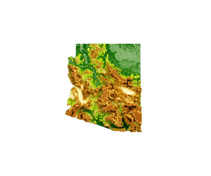 3D topographic relief map of Arizona state with detailed elevation data.