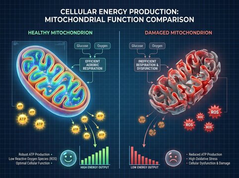 A medical education biology science infographic diagram showing the anatomy of cellular respiration inside a cell mitochondria.