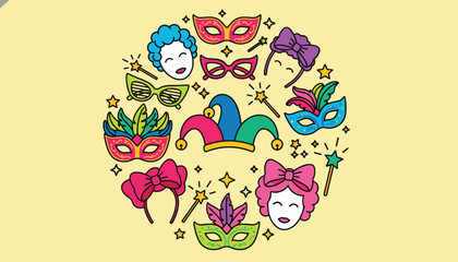Fototapeta premium Carnival masks and jester hat elements arranged in a circular design on a pastel yellow background for mardi gras.