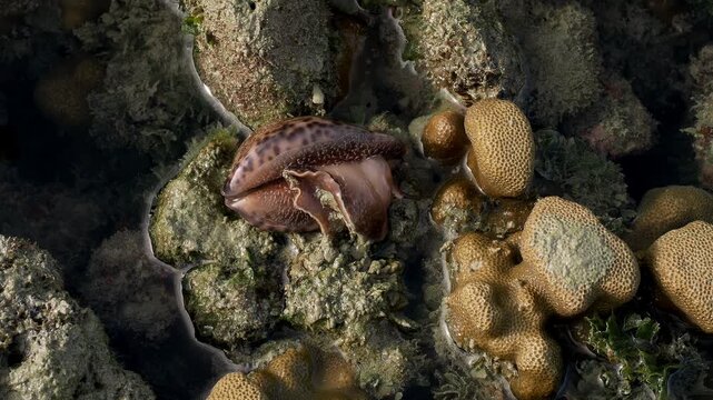 Marine Gastropod Crawling Across Coral in Tropical Intertidal Tide Pool