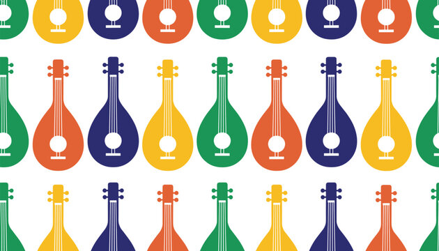 Seamless music pattern featuring colorful flat acoustic lutes and mandolins arranged in rows on a white background.