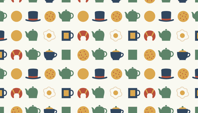 Seamless afternoon tea pattern with retro top hats, cookies, teapots, croissants, and coffee mugs on beige background.
