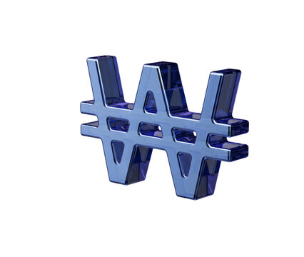 Shimmering blue glass Korean Won symbol. Global finance and economy concept. 3d illustration
