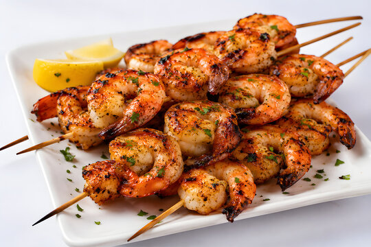 Grilled Shrimp Skewers with Lemon on White Plate Close Up