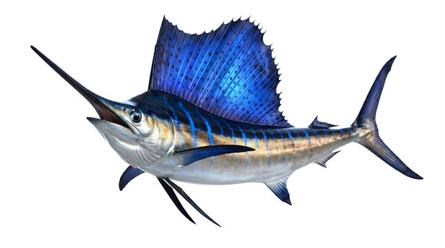 Low Angle View of Blue Sailfish Swimming Upwards Stance Isolated on Pure White Background