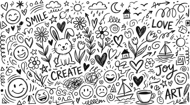 Black and white doodle illustrations with smiley faces and motivational words