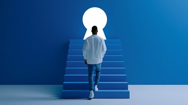 Man walking toward a staircase leading to a large keyhole shaped entry with light representing the secret to career success, 3d render