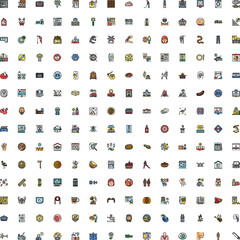 Fototapeta premium Large collage of colorful flat vector icons and pictograms on white background, diverse symbols for web, app, ui, business, education, travel, health, food, finance and lifestyle projects