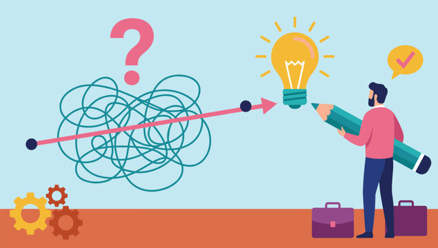 Businessman finding a solution from a tangled mess . Creative thinking concept, simplifying complex problems, flat vector illustration .