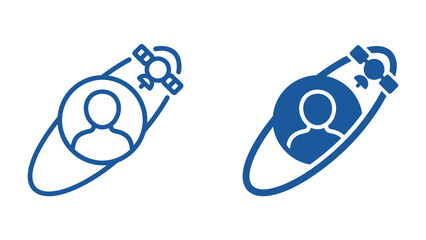 Satellite Tracking Icon Set: A set of two digital icons depicting a user profile with a satellite symbol, representing tracking or navigation technology. © Mf