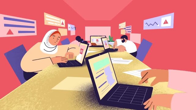 Creative Professional Working on Laptop in Modern Office Workspace Business Animation