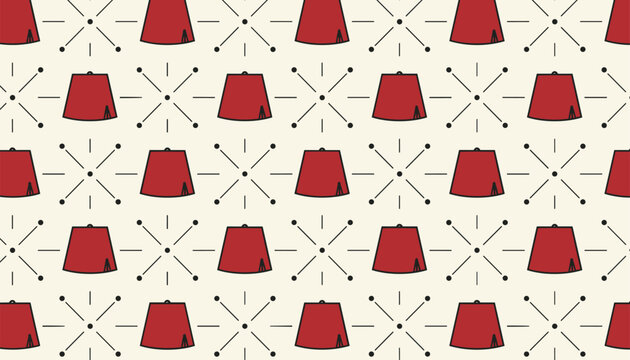 Cultural fez pattern displays traditional red Turkish hats and star-like dotted lines over a cream background.