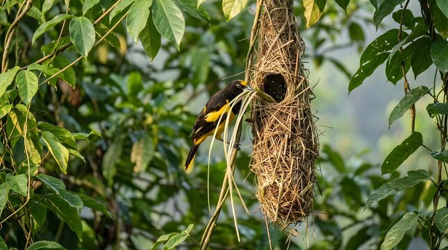 Yellow-rumped cacique building a hanging woven nest in tropical forest