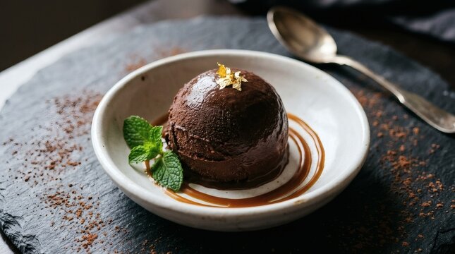 Delicious chocolate dessert on a white plate with caramel sauce and mint leaves on a dark background