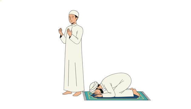 Two Muslim men engage in prayer, one standing and the other prostrating on a prayer rug against a white background.