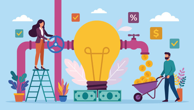 Business people generating revenue from an innovative idea . Financial pipeline, monetizing creative concepts, flat design vector illustration .