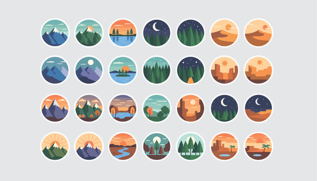 Comprehensive collection of circular stickers depicting diverse landscapes like mountains, deserts, and forests.