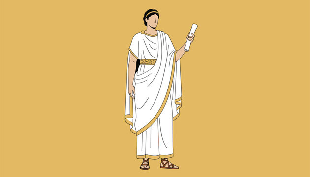 Roman senator dressed in a classical white toga with gold trim stands holding a historical paper scroll.