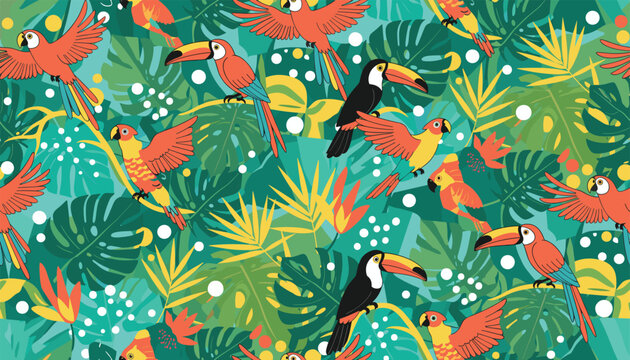 Vibrant tropical pattern features colorful parrots, black toucans, and lush green monstera leaves in the jungle.