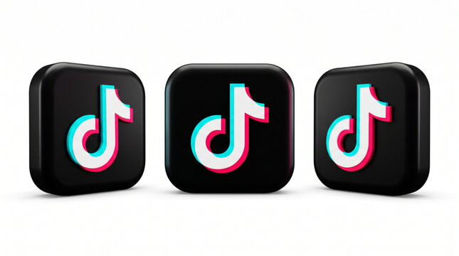 TikTok logo 3d render black square buttons set isolated on white background, social media icon app interface element, editorial use only, tiktok icon.