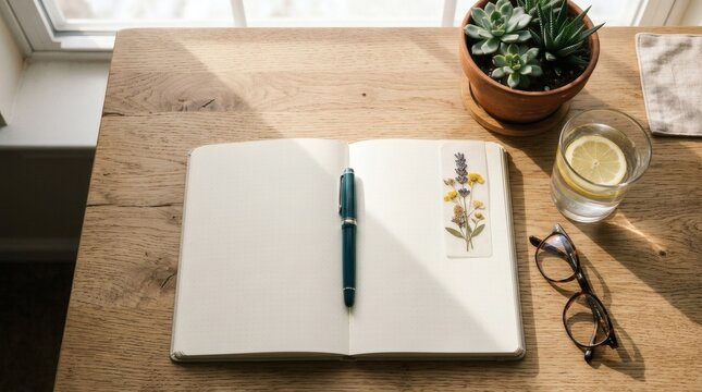 Flat lay of an open notebook with pen, plant, glasses, and water on wooden desk near window