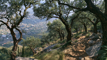 Fototapeta premium A grove of ironwood trees on a rocky hillside under harsh sunlight, landscape view.