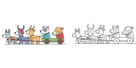 Fototapeta premium Cute animals pulling a wagon, vector illustration set with colored and outline versions for coloring books.