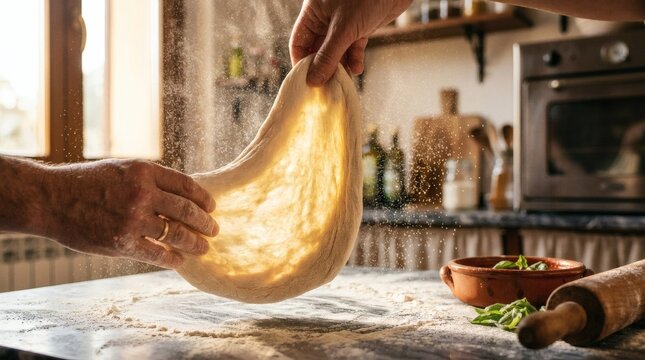 man's hands stretching pizza dough in a kitchen with flour