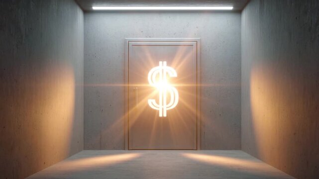 Closed metal door in minimalist concrete room with illuminated dollar sign symbol glowing above handle in modern industrial setting
