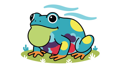 Fototapeta premium Colorful poison dart frog with blown-out green vocal sac sitting on green grass, vector flat design illustration.