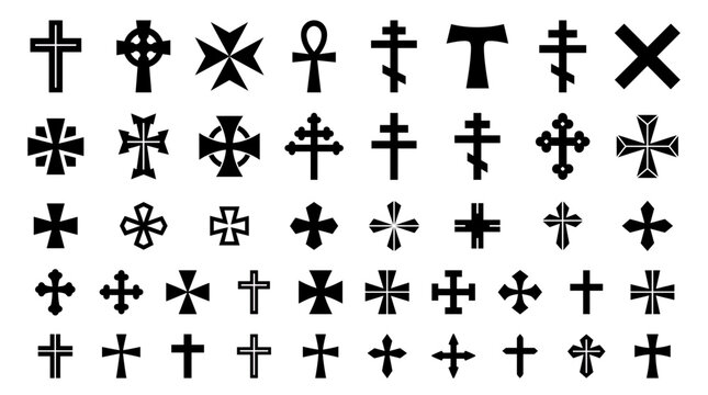 Collection of diverse Christian cross icons featuring orthodox celtic maltese and ankh symbols on white background, symbolizing religious heritage and representing spiritual graphic design