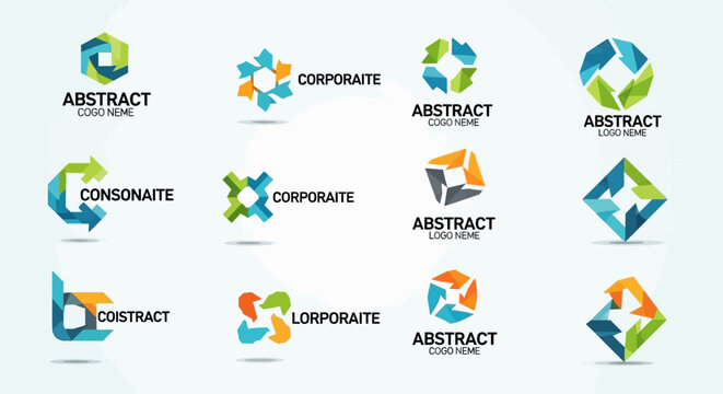 Colorful geometric abstract shapes with corporate and abstract icons.