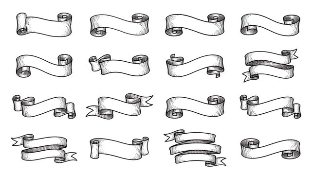 Collection of vintage hand-drawn sketch ribbon banners and old paper scrolls in engraved style on white background, illustrating decorative graphic elements and representing retro branding
