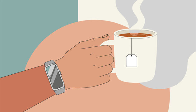 Close up of human hand wearing smart tracker holding hot cup of tea with steam, cozy winter flat vector design.