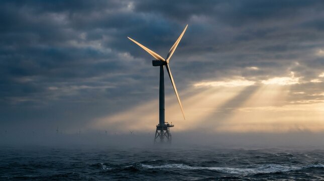 Offshore wind turbine generating renewable energy in a dramatic seascape at sunset