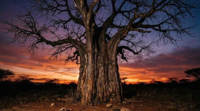 A majestic baobab tree stands tall under a vibrant starry night sky at sunset in savannah landscape
