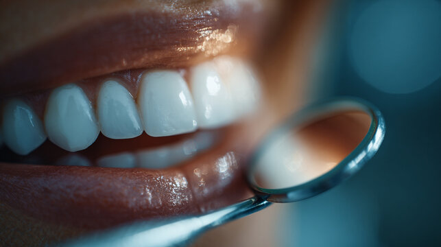 Close-up of a patient undergoing a dental examination using a small handheld mirror