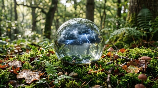 A crystal ball sits on mossy forest floor surrounded by trees and autumn leaves, reflecting the natural scenery.