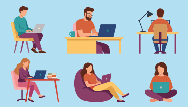 People working on laptops in different poses . Remote freelance workers, distance learning, flat design vector illustration .