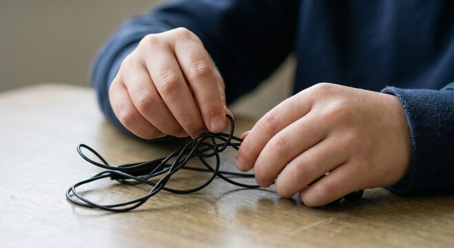 Close Up of Hands Trying to Untangle Messy Earphone Cables