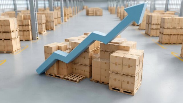 Large warehouse filled with stacked cardboard box packages on wooden pallets with blue upward arrow graph representing growth and success in logistics and storage