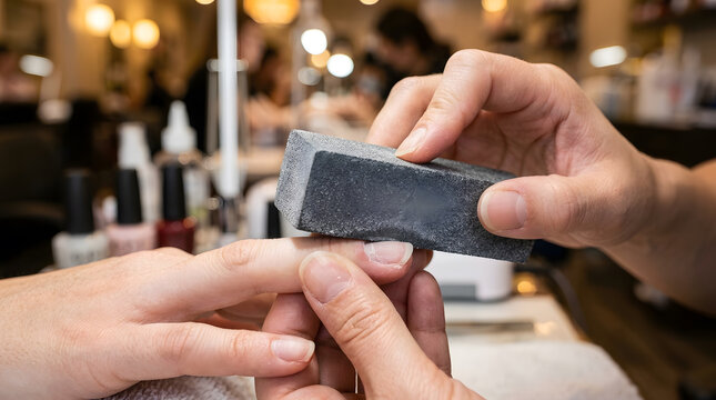 Professional manicure service in salon | Close up of hand pressing nail buffer block | Manicurist filing nails for treatment | Beauty spa nail care procedure