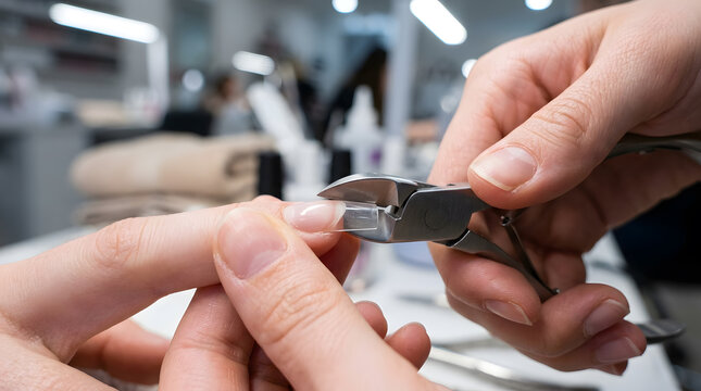 Professional manicurist trimming nail extensions | Close up of metal nail nippers in use | Manicure treatment in beauty salon | Applying false nail tips at spa