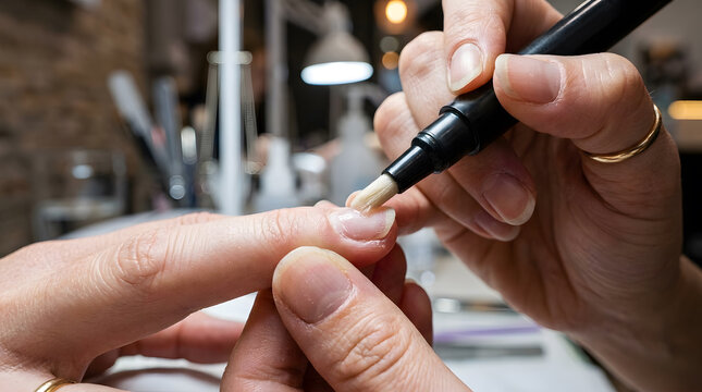 professional nail technician applying dehydrator pen | close up of manicure preparation process | nail salon treatment for healthy cuticles | preparing natural nails for gel polish application