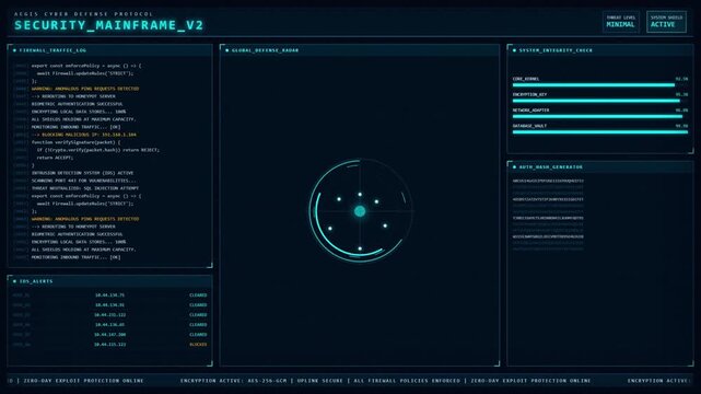Aegis Cyber Defense Protocol Firewall Radar IDS Alerts Dashboard Animation Cyan Security Loop.