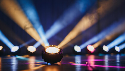 Obraz premium Bright Professional Stage Lighting Projectors on Floor Emitting Colorful Light Beams Through Haze