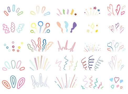 Vector funny set of hand drawn explosions and burst isolated from background. Colorful collection of marker fireworks